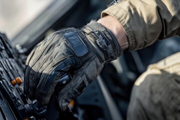 Military personnel operates equipment during training exercise on a calm day in a desert environment