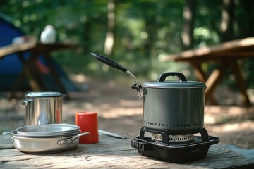 Cooking equipment set up for meal preparation at a campsite in the forest during a summer afternoon