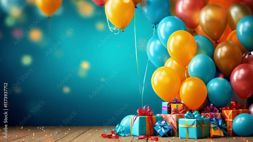 Poster colorful balloons floating above a collection of beautifully wrapped gifts on a wooden surface, crea