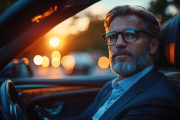 Businessman in Luxury Car with Smartphone