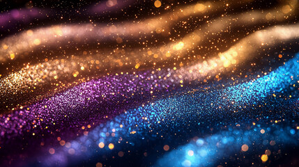 Glitter Rainbow Golden Wave Stripes Design. Shiny Gold and Blue moving lines design element on dark background	