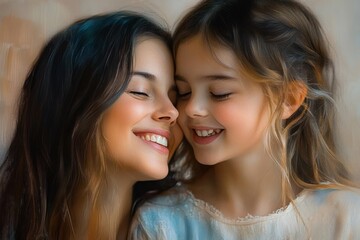 Happy Mother and Daughter Smiling Together Close Up Laughing in Cozy Home Moment