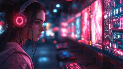 anime girl gamer in neon gaming center with headphones playing video games