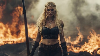 Obraz premium Blonde Viking woman with cropped leather top and wooden quarterstaff on a burning battlefield