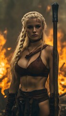 Obraz premium Blonde Viking woman with cropped leather top and wooden quarterstaff on a burning battlefield