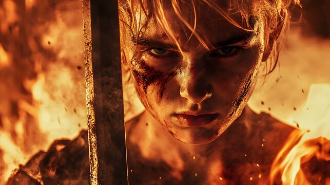 Blonde young warrior with face holding a dagger and looking sad and lost against burning background