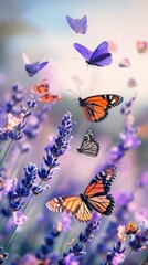 Colorful Butterflies Flying Above Lavender Field in Soft Light