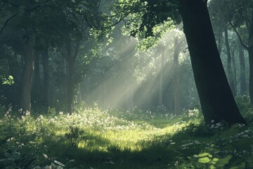 Obraz premium Serene Woodland Scene with Sunlight and Lush Greenery in Nature