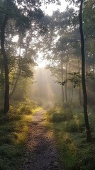 Obraz premium Sunlight Filtering Through Trees on a Misty Morning Pathway