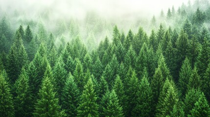 Fototapeta premium Aerial view of a green coniferous forest covered by a thick layer of fog during sunrise, creating a mystical and serene atmosphere, ideal for environmental or travel projects