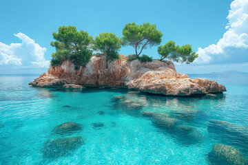 Obraz premium Photo réaliste d’un îlot rocheux entouré d’eau turquoise cristalline, avec des vagues caressant doucement le rivage