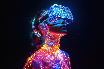 Person with glowing neural network headset