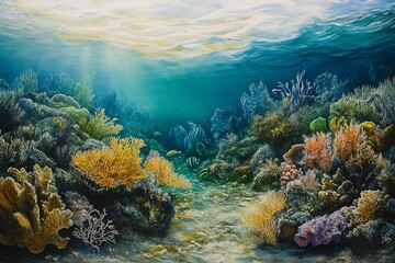 Fototapeta premium Underwater scene, vibrant coral reef, sunlight.