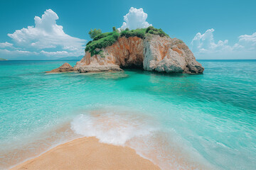 Fototapeta premium Photo réaliste d’un îlot rocheux entouré d’eau turquoise cristalline, avec des vagues caressant doucement le rivage