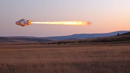 Gardinen A futuristic spacecraft flying over a grassy landscape at sunset. © I.Z.A