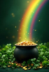 Pot of gold at the end of a vibrant rainbow on green clover background. St. Patrick's Day theme with magical leprechaun treasure. Lucky charm concept for greeting cards © dreamdes