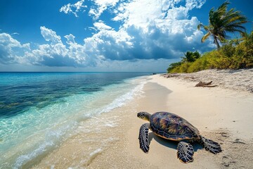 Sea turtle crawls on tropical beach, sunny sky.