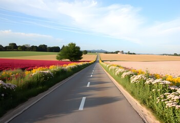 Naklejka premium A Road in the country lined with flowers