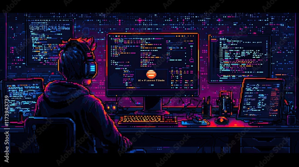 Poster pixel art depicting a programmer working late at night, surrounded by multiple monitors displaying l