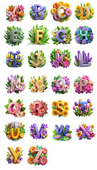 Naklejka premium Alphabet letters surrounded by flowers beginning with the same letter, decorative floral concept