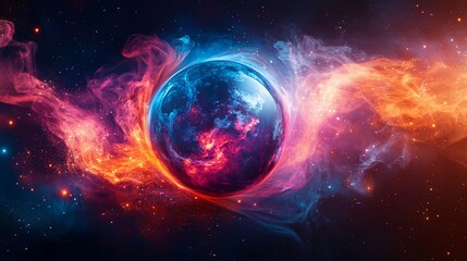 Obraz premium Fiery cosmic nebula engulfing a vibrant planet.