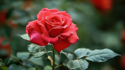 A vibrant red rose with droplets on its petals amidst green foliage.
