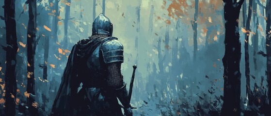 Fototapeta premium Warrior in Dark Forest Surrounded by Mist and Falling Leaves