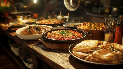 A vibrant spread of various dishes on a wooden table, showcasing a feast.