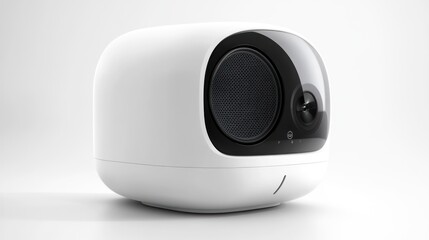 A sleek white smart speaker with black accents. Ideal for modern homes and offices seeking high-fidelity audio and voice control.