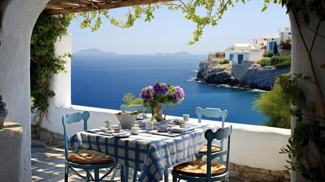 Charming Greek taverna with a breathtaking sea view, where guests enjoy a leisurely meal surrounded by lush greenery on a sunny day