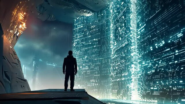 Illuminate data canyon with a solitary figure, symbolizing the profound depth of data analysis. Data mining visualization