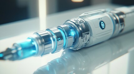 A futuristic medical device with glowing blue lights suggests advanced technological capabilities for precise and minimally invasive procedures. Potential application: robotic surgery tool.