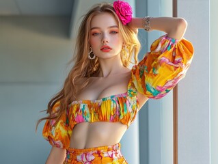 A young blonde woman in a vibrant floral dress poses near a window Ideal for fashion beauty or lifestyle websites 
