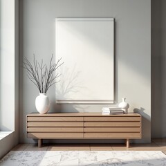 Modern minimalist living room with wooden console table, white vase, and large blank canvas.