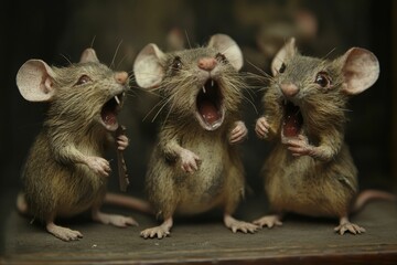 Three rodents, mouths open, sitting on surface.