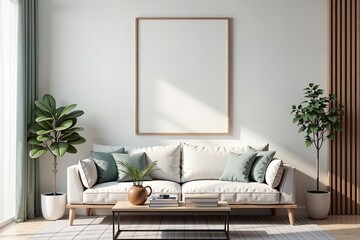 Modern minimalist living room with white sofa, wooden coffee table, and green plants.