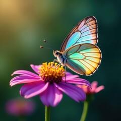 Obraz premium Delicate butterfly with iridescent wings resting on a wildflower, green, wondersch?ner schmetterling, delicate