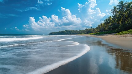 Picturesque beach scene with palm trees clear blue sky and gentle waves Ideal for travel brochures tourism websites or desktop wallpapers