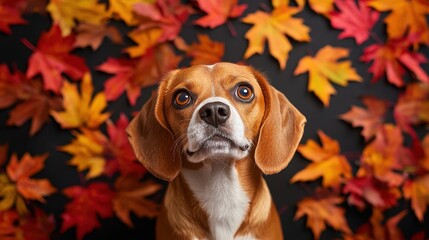 Vibrant Beagle Headshot with Colorful Autumn Leaves Background
