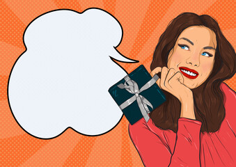 Girl with a gift smiling cartoon style with speach bubble