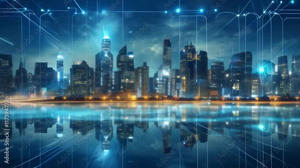 Poster illuminated skyscrapers reflecting on water at night with futuristic digital network connections hig