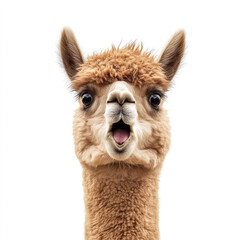 Alpaca with wide open mouth on isolated white background. Big discounts, surprise, news, raffle concept. Generated AI