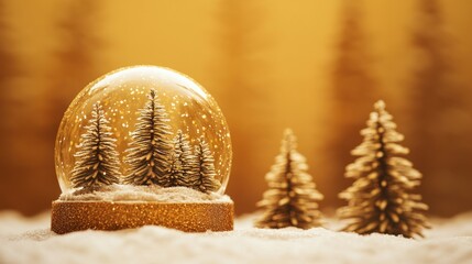 Golden Christmas snow globe with miniature trees on a snowy surface with a warm golden backdrop. Ideal for Christmas cards, website banners, or social media posts.