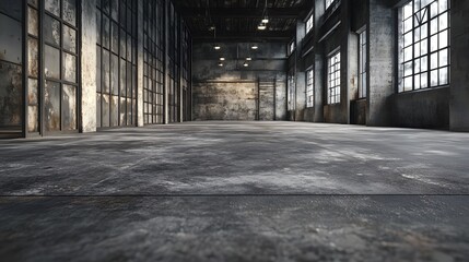 A 3D-rendered dark and grungy industrial room with low lighting and a concrete texture, ideal for atmospheric settings