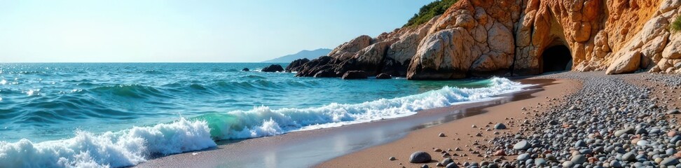 Rocky coastline with rugged cliffs and pebbles, black sea coast rocky cliff, shoreline, waves