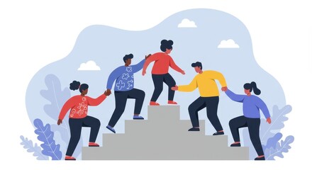 Obraz premium A flat illustration showing a group of diverse individuals climbing steps together