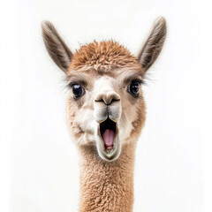 Obraz premium Alpaca with wide open mouth on isolated white background. Big discounts, surprise, news, raffle concept. Generated AI