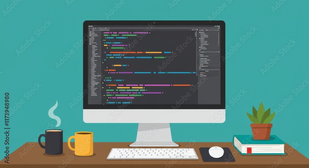 Poster a flat illustration of a coding workspace featuring a desktop computer with colorful lines of code o