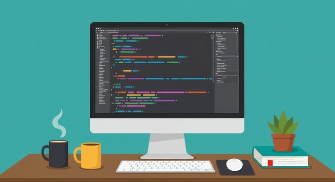 A flat illustration of a coding workspace featuring a desktop computer with colorful lines of code on the screen