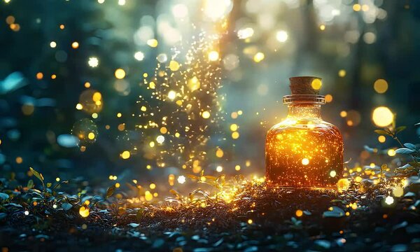 Magic potion glowing in an enchanted forest at sunset